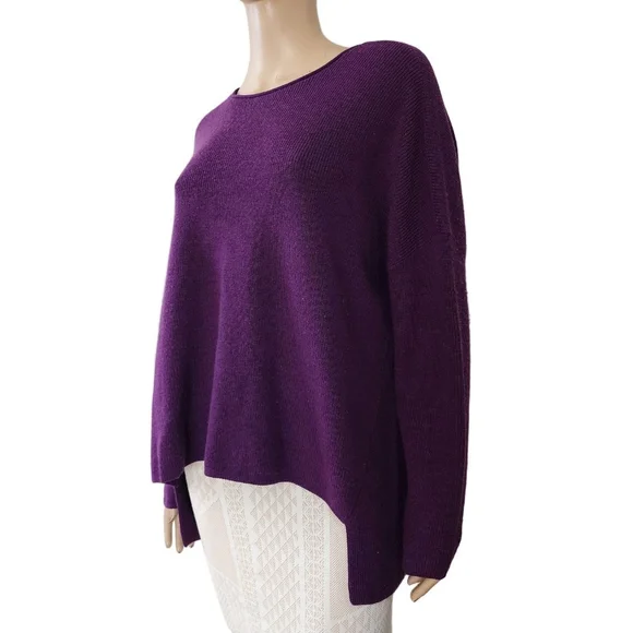 EILEEN FISHER Crew Neck Merino Wool High Low Boxy Sweater Purple Size S